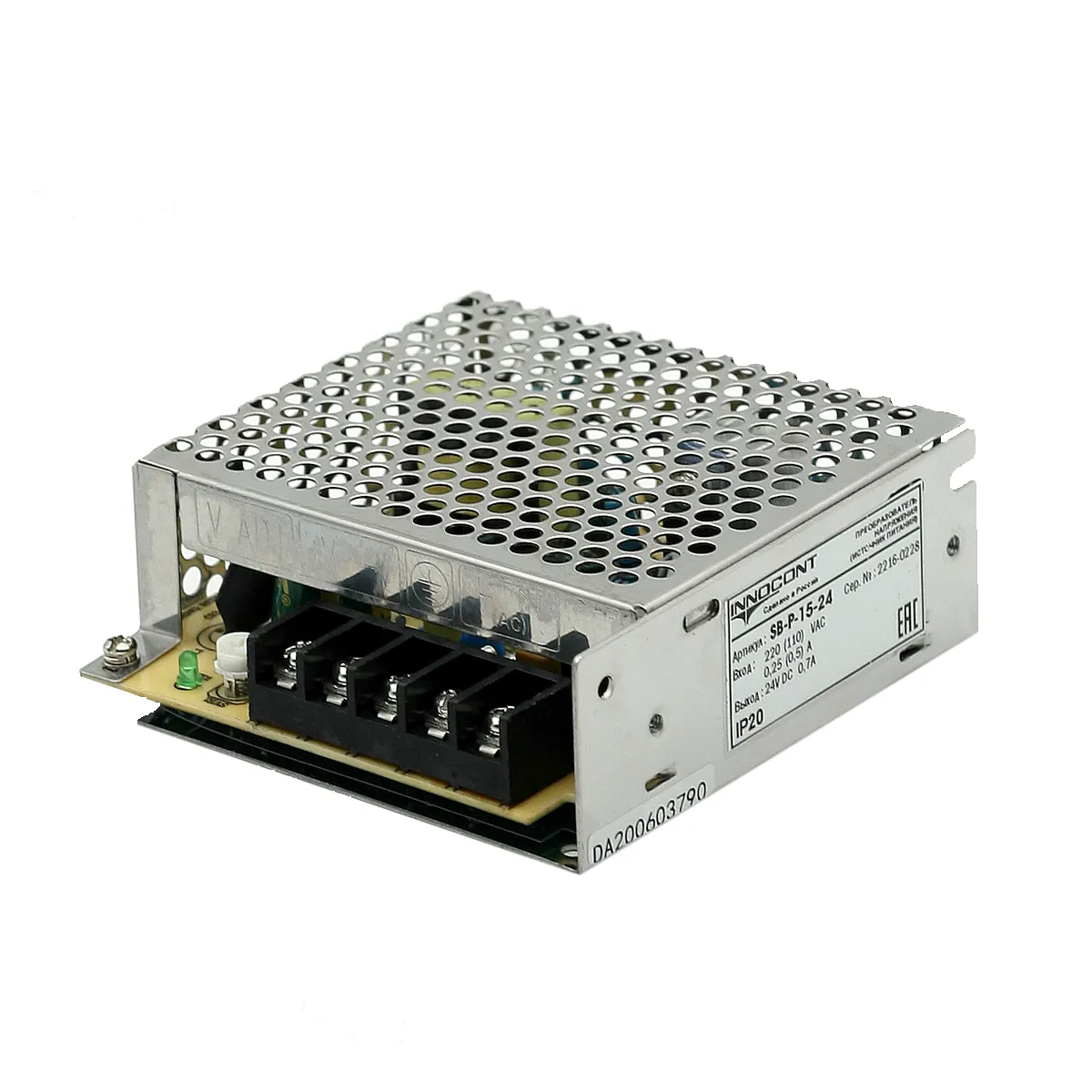Источник питания INNOCONT. Вход: 220VAC, 0.25А, выход 15W, 24VDC, 0.7A, -10+50С, IP20, типы защиты: КЗ, перегрузка, перенапряжение SB-P-15-24